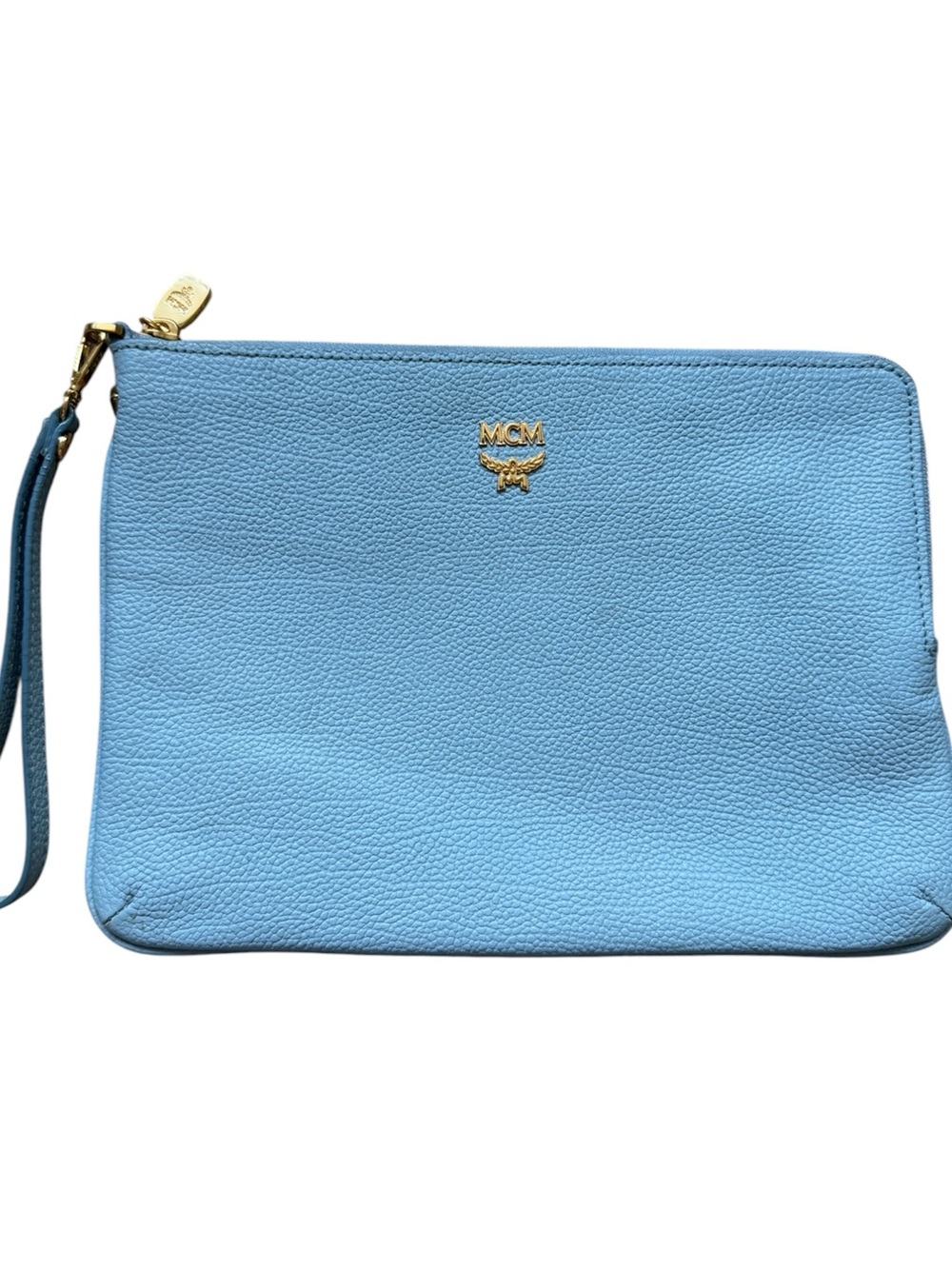 MCM Sky-Blue Pebbled Leather Wristlet Clutch with Gold Logo